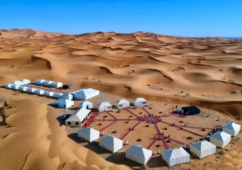 Un campement désertique au Maroc avec des tentes et une voiture au centre.