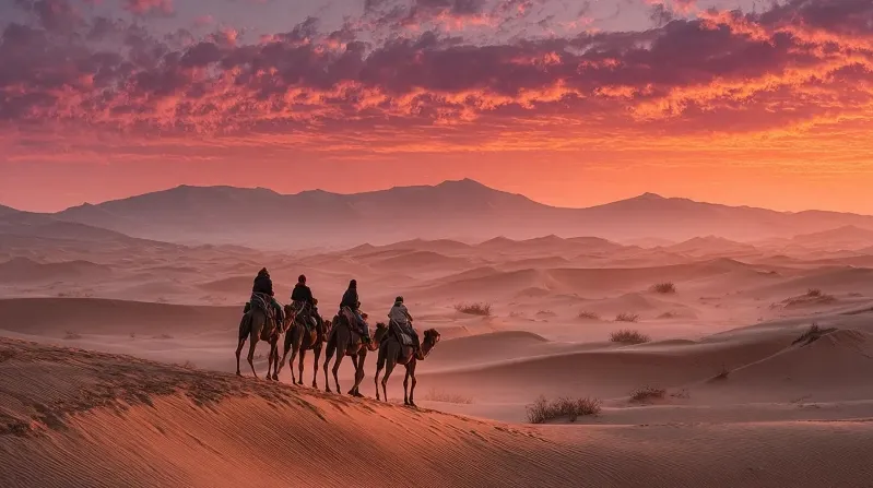 Four people riding camels in the Marrakech desert during a vibrant sunset, casting long shadows on the sand.