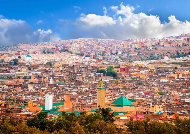 Vue panoramique de Marrakech, Maroc, mettant en valeur l'architecture historique et les couleurs vibrantes de la ville.
