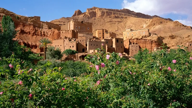 Le village d'Atlas dans le désert, aperçu lors d'une excursion à Marrakech, avec des paysages arides et des montagnes en arrière-plan.