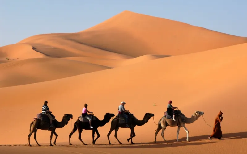 Four people riding camels across a vast desert landscape during 'L'Expérience du Grand Sud'.