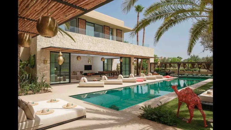 Villa de luxe avec piscine et mobilier d'extérieur, idéale pour un séjour au Maroc.