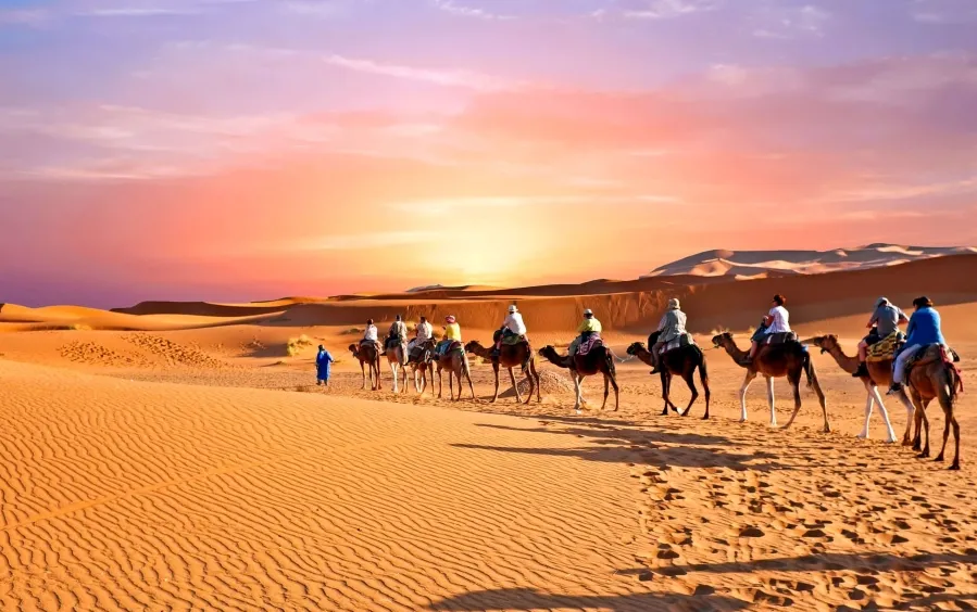 Un groupe de personnes chevauchant des chameaux dans le désert lors d'un circuit voyage au Maroc.