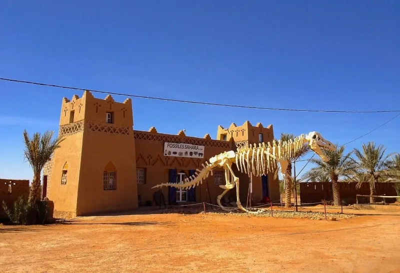 Un squelette de dinosaure devant un bâtiment à Erfoud, au Maroc.